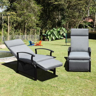 Gray Metal Patio Lounge Chair With 150 - Degree Angle Adjustment, 6.8'' Thick Removable Cushions, And Built In Side Table Outdoor Adjustable Angle, Table, 350lbs Capacity