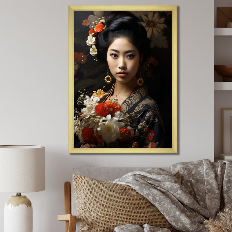 Asian Art Geishas Grace V - Asian Canvas Print, H 32 po x l 24 po x P 1 po, Encadrement doré