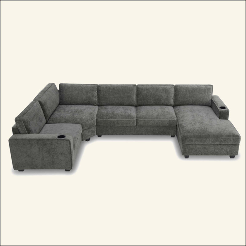 Canapé modulaire en forme de U, ensemble de canapé d'angle en chenille 6 places avec porte-gobelets, méridienne surdimensionnée, coin irrégulier, siège profond et large, canapé confortable pour salon et appartement