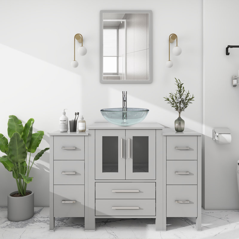 Ensemble de meuble-lavabo 48 po avec lavabo en verre, comptoir en bois, 2 armoires latérales, robinet, gris