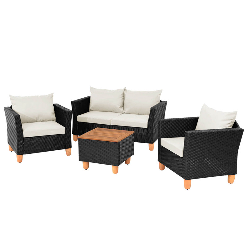 Ensemble de 4 meubles de patio en osier avec table de rangement à coussins amovibles, Blanc