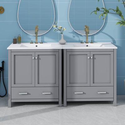 Ensemble de meuble-lavabo 60 po avec double meuble-lavabo et lavabo simple en céramique avec tiroirs divisés