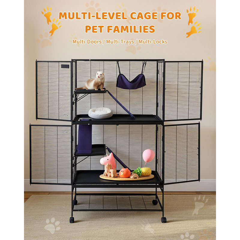 Cage multi-niveaux pour petits animaux avec plateau amovible, rampes et portes verrouillables, abri en métal avec roues pour furets, lapins, cochons d'Inde, hamsters et chinchillas