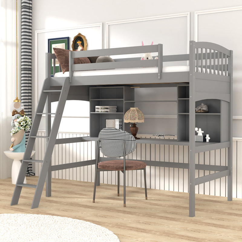 Lit mezzanine simple en bois massif avec bibliothèque Eztli par Harriet Bee, Gris