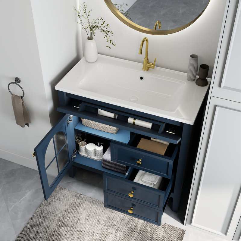 Meuble-lavabo bleu de 90,4 cm (35,6 po) avec lavabo en verre antique, armoire de rangement et surface résistante à l'usure, style médiéval autoportant, tiroirs.