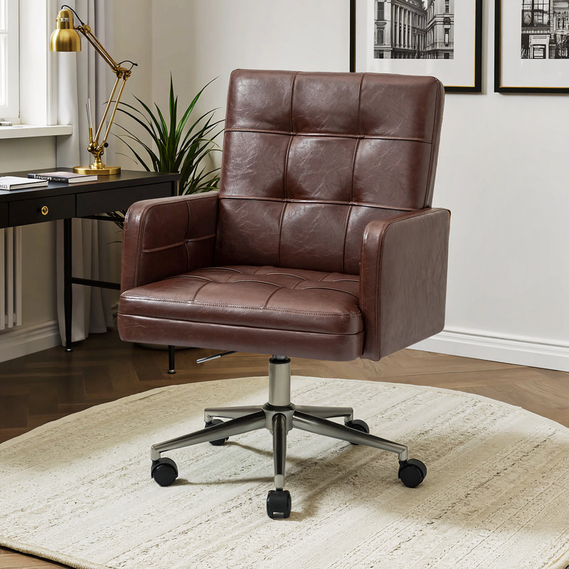 Auric Mid-Century Modern 23" W Leather Height-Adjustable Swivel Office Chair with Button Design, Brown