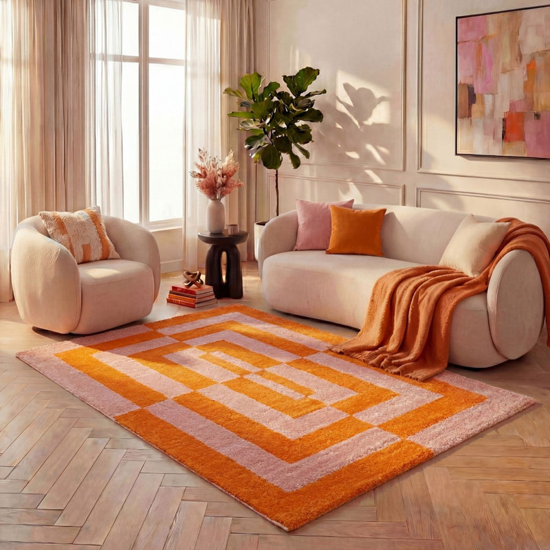 Joli Geometric Area Rug Soft Dense Pile for Living Rooms and Bedrooms, Rectangle 200 x 290 cm, Orange/Pink