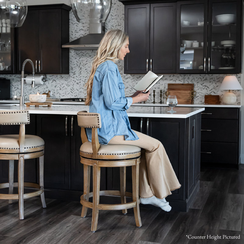 Maven Lane Alexander Stool with Faux Leather Upholstery, Weathered Oak, Bar Stool (31" Seat Height)