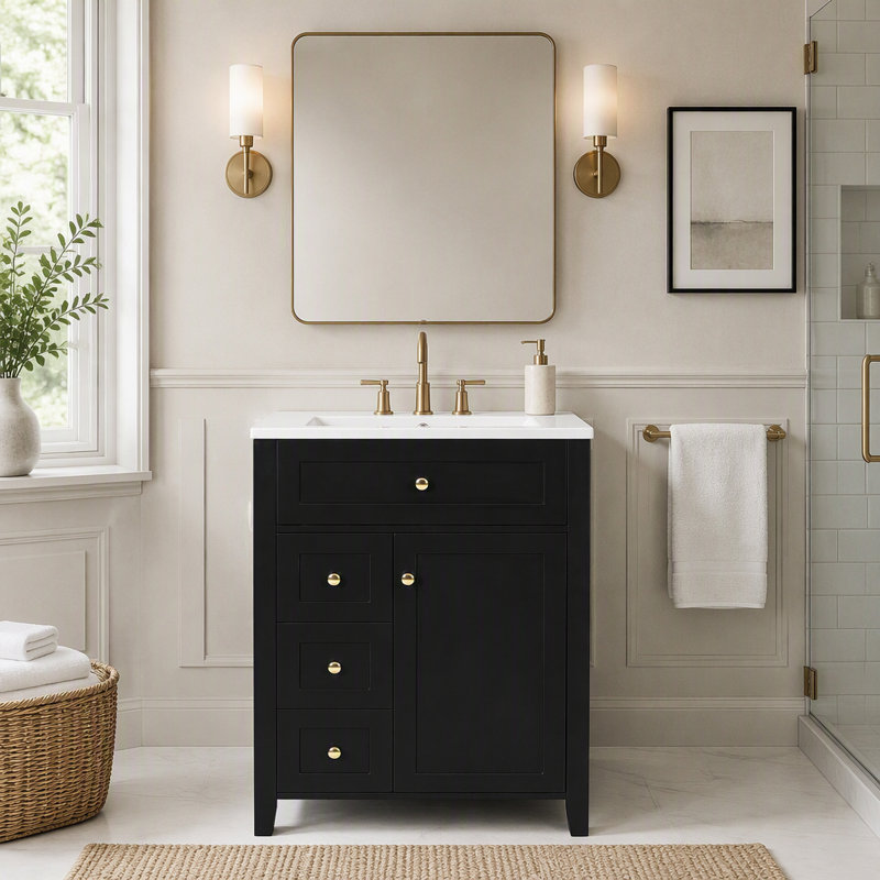 Meuble-lavabo moderne de 24 po avec lavabo en céramique, poignées en métal, porte à fermeture en douceur, support de rangement, finition de surface peinte, noir