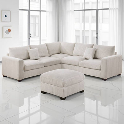 Rey 4Pc L Sectional Sofa Set, 2 Accent Pillows, Corduroy Fabric