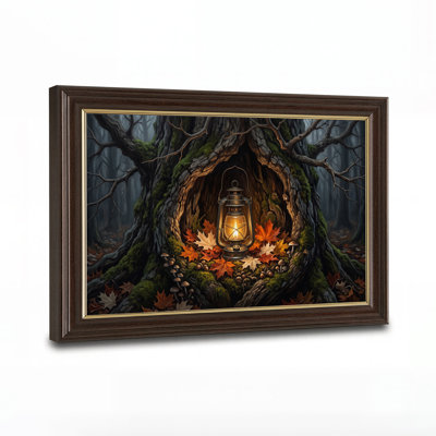 Lanterne rougeoyante à l'intérieur d'un arbre moussu creux avec art d'Halloween sur toile