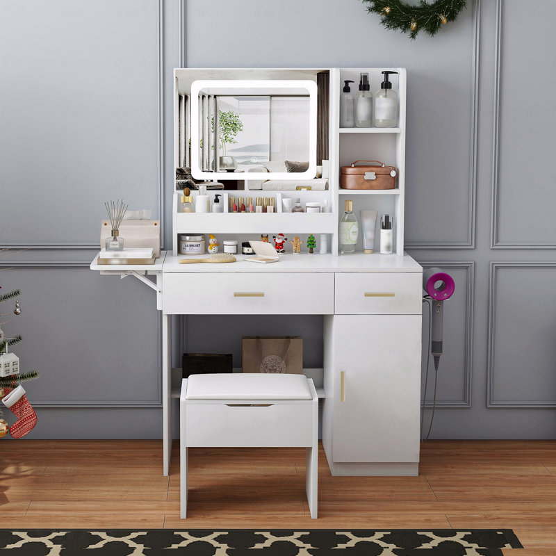 LED-Lit Vanity Desk with Built-In Power & Expandable Top – Storage Stool, Drawers & Adjustable Shelves