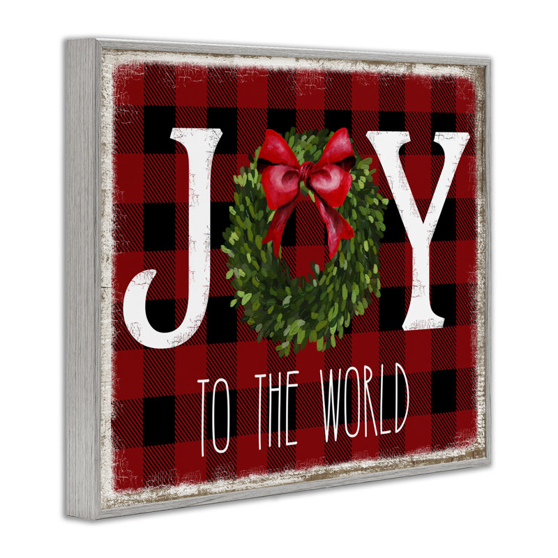 " Joy To World Christmas Charm Buffalo Plaid " by Deborah Brown, Farmhouse Grey Framed Giclee, 30" H x 24" W