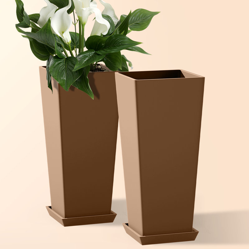 24" H Tall Planter Pot Set of 2 - Large Indoor and Outdoor Planters for Front Porch and Patio, Brown