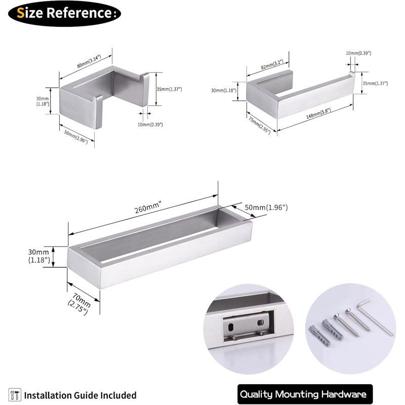 Bathroom Accessory 3-piece Set Sus 304 Stainless Steel Toilet Paper Holder Towel Ring Towel Hooks Wall Mount, Silver