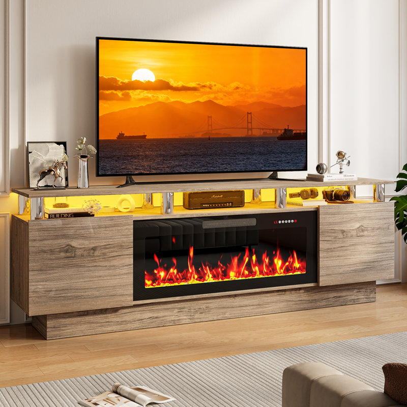 Meuble télé avec foyer électrique Alazik, Gris/argent, Noir, 24”H x 14”L x 70”W