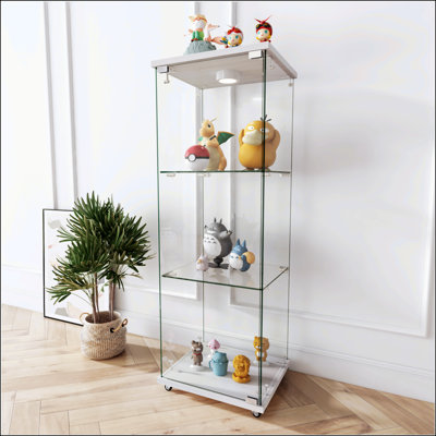 Modern Glass Display Cabinet With LED Lights, Quick-Assembly, Tempered Glass Shelves, Ideal For Living Rooms And Bedrooms, 1-Door 3-Shelf, White
