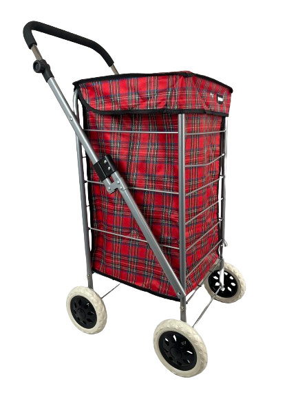4 WHEEL SHOPPING TROLLEY - RED TARTAN, Red 