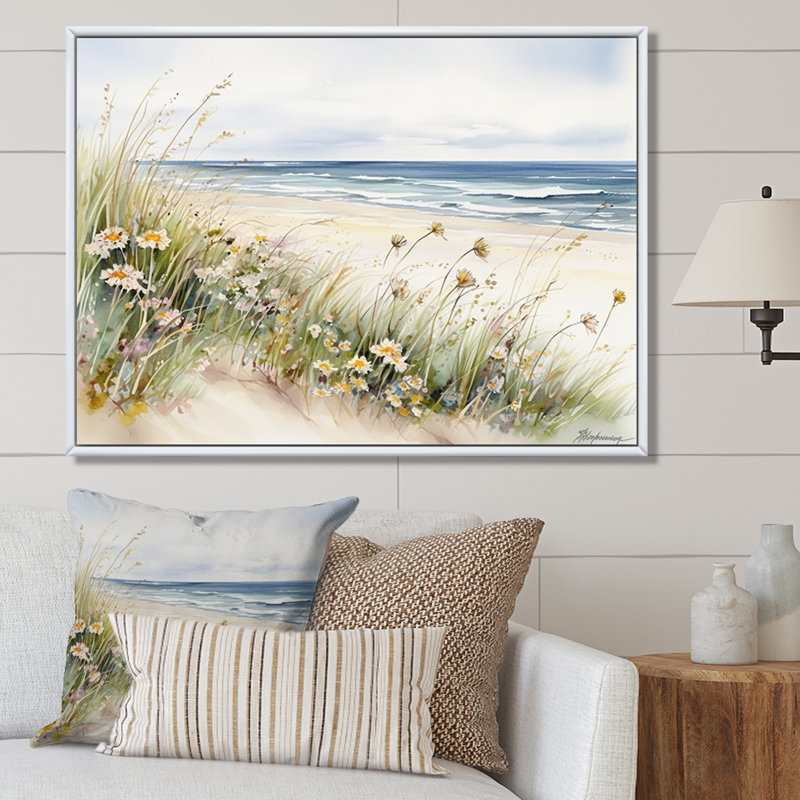 Fleurs sauvages sur la plage - Art mural fleurs sauvages, H 12 po x l 20 po, Cadre flottant blanc