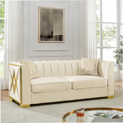 81.1-Inch Velvet Button Tufted 3-Seater Chesterfield Sofa With Gold Accents And Included Pillows For Elegant Living Rooms.