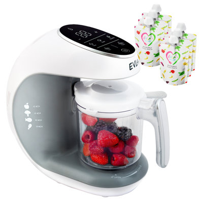 Baby Food Maker and Blender - Blend, Grind, Steam, and Cook Homemade Baby Food - Self Cleaning Machine with Touch Screen and 6 Reusable Pouches by EVLA’s (White)
