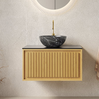 Lavabo vasque en céramique de 30 pouces avec comptoir en pierre, meuble-lavabo en contreplaqué de chêne clair avec armoire texturée et tiroir, sans robinet inclus