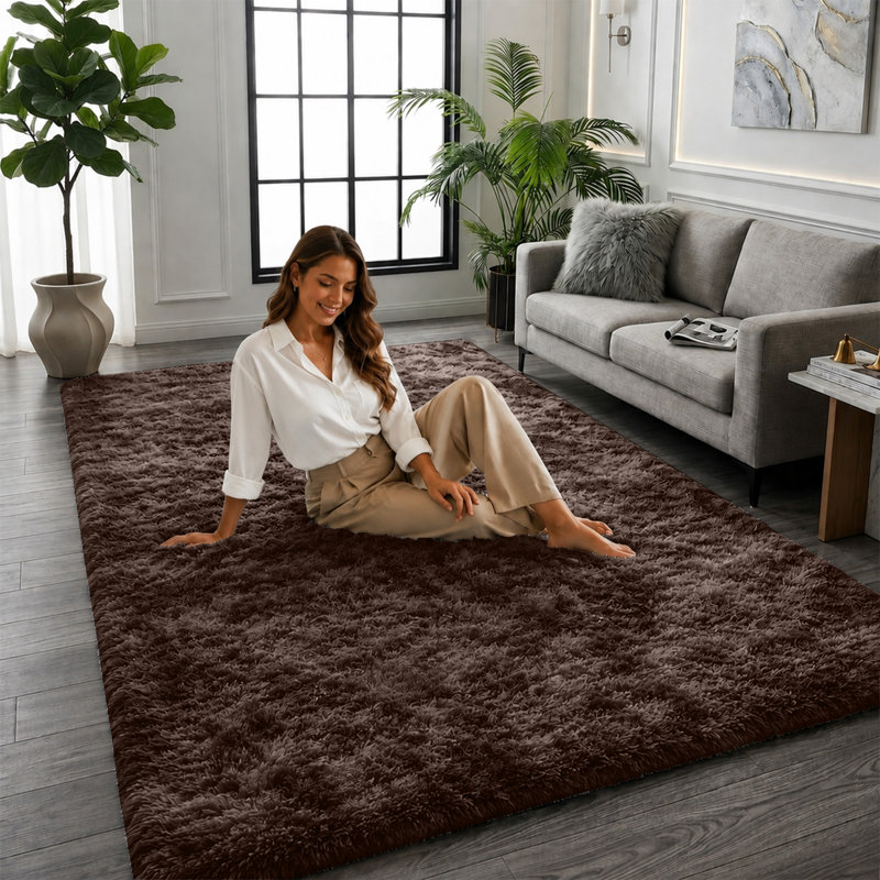 Luxurious Brown Fluffy  Shag Area Rug - Ultra Soft High Pile Fluffy Carpet for Living Room, Rectangle 120 x 170 cm