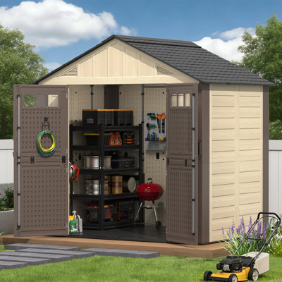 8 ft. W x 6 ft. D Heavy Duty HDPE Outdoor Storage Shed with Floor, Waterproof Double Door Garden Shed for Backyard Use