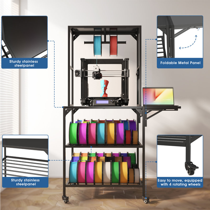 Heavy Duty 3D Printer Table Stand with Filament Storage and Wheels