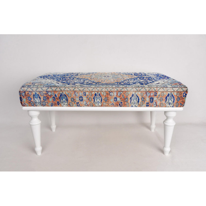 Cotton Upholstered Bench, White, 45cm H x 120cm W x 45cm D