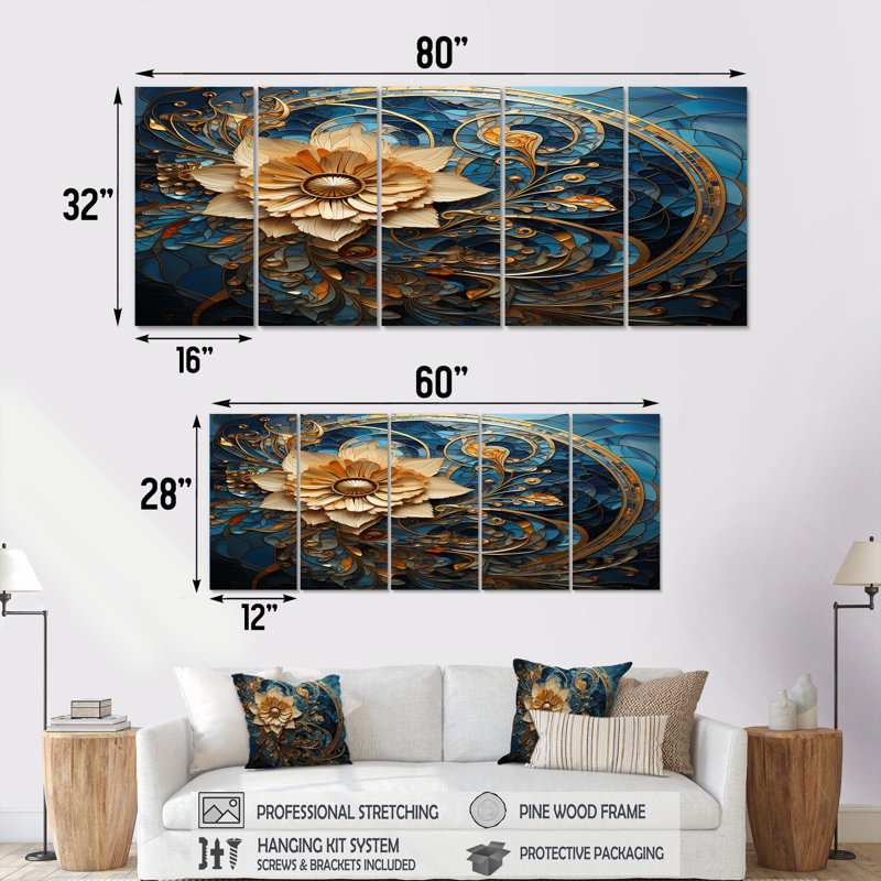 Ensemble de 5 décorations murales florales abstraites sur fond bleu, H 28 po x l 60 po