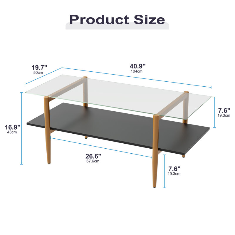 Glass Coffee Table, Rectangle Living Room Center Table With Golden Legs, Mid-century Modern Accent Tables With Open Shelf For Living Room, Office, Black