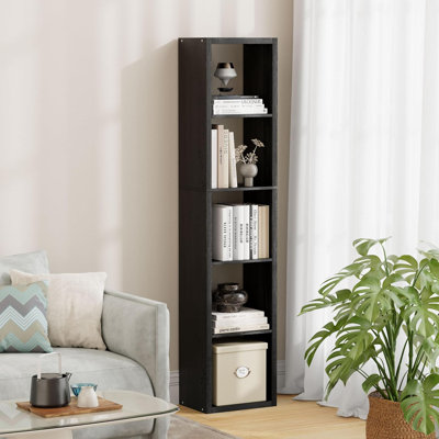 Bibliothèque d'ingénierie étroite à 5 cubes, bibliothèque de rangement ouverte noire, unité de coin minimaliste pour petits espaces de salon
