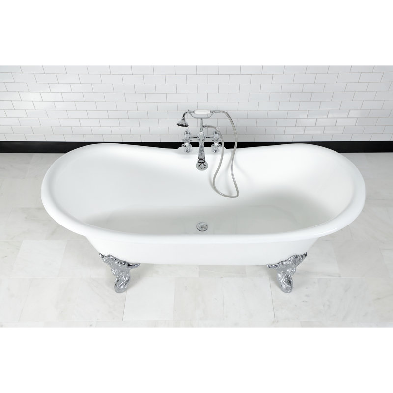 Kingston Brass Aqua Eden 72-Inch Cast Iron Oval Double Slipper Clawfoot Tub (7-Inch Faucet Drillings), Brushed Brass