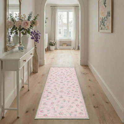 18"X60" Runner Rugs Machine Washable Non Slip Low Pile Indoor Rug For Hallway, Kitchen, Laundry Room, Bedroom, Bathroom With Floral Ribbon Print Pattern, Blush Pink