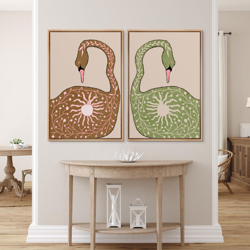 «Swan Birds Mid Century Modern Boho Modern Living Room», reproduction d'art sur toile encadrée, Vert, Cadre naturel flottant
