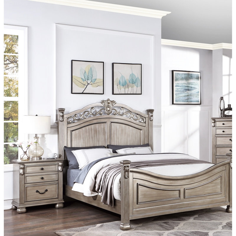 Très grand lit, argent antique, style américain de luxe avec détails artisanaux, taille, cadre de lit champagne, King
