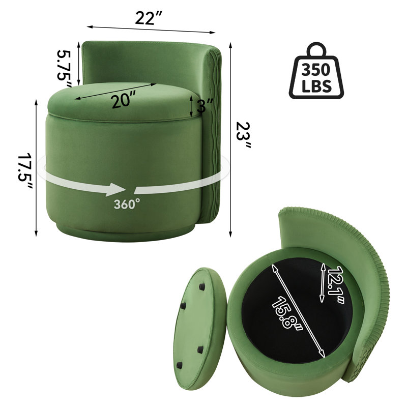 Fauteuil d'appoint pivotant à 360 degrés avec rangement, Velours vert, H 23 po x l 22 po x P 22 po