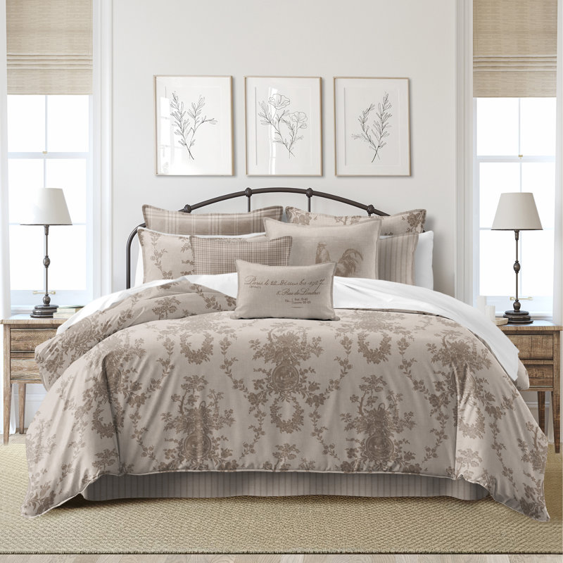 Country Lane Toile Natural Cotton Coverlet Set  8 Piece, Super King Coverlet + 7 Additional Pieces