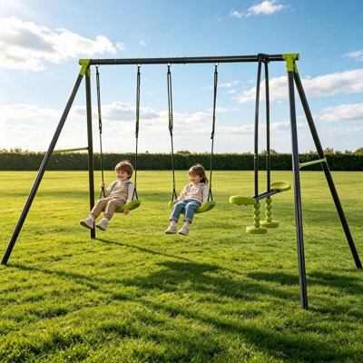 Outdoor Kids Swing Set, Heavy Duty Metal A-Frame Backyard Swing Set with 2 Swings and 1 Glider, Green & Black