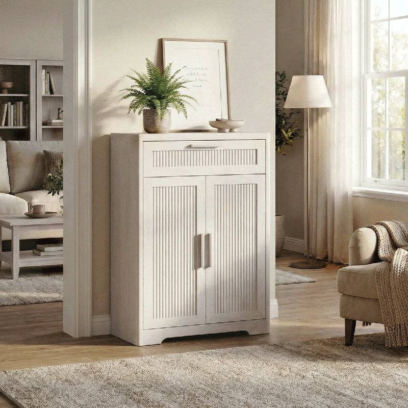 Armoire de rangement pour chaussures d'entrée avec décoration Reeded, 6 trous de ventilation et fabrication en panneau épais, chêne blanchi