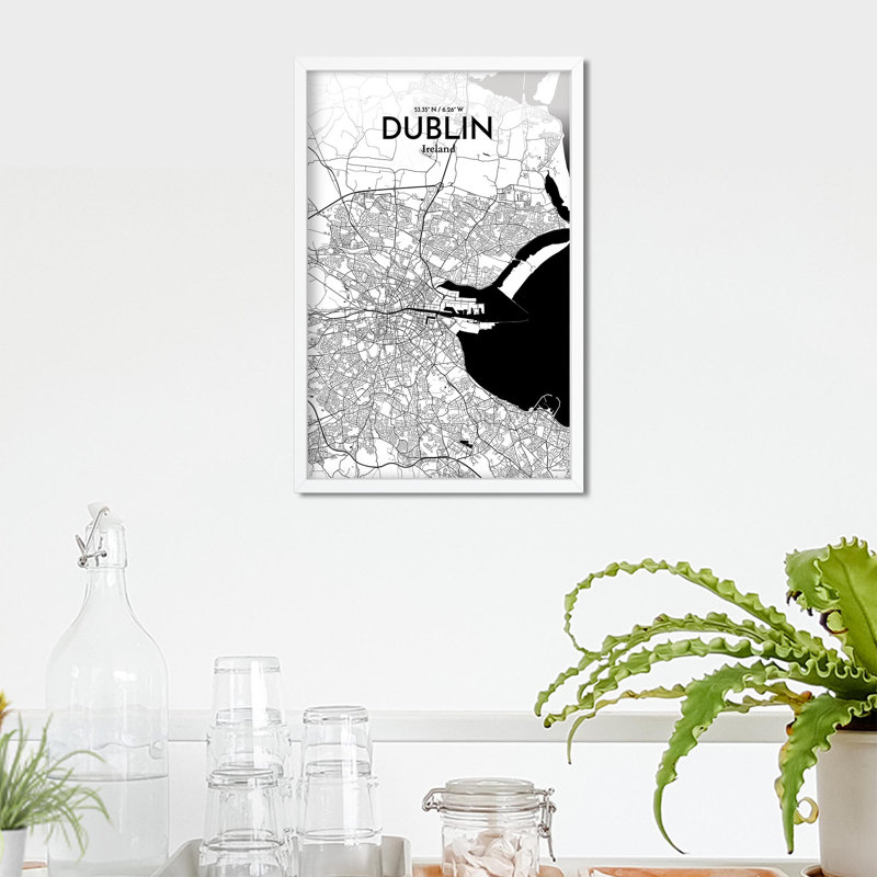«Dublin City Map», impression de luxe, Noir / blanc, H 17 po x l 11 po
