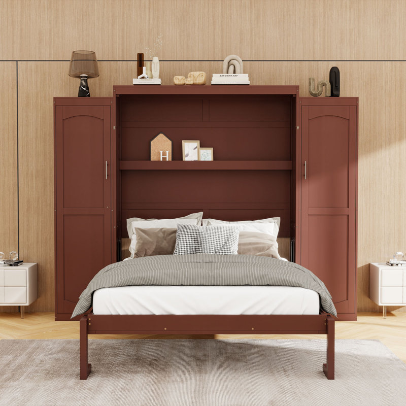 Murphy Bed with Wardrobe and Storage Shelf, Walnut, Full