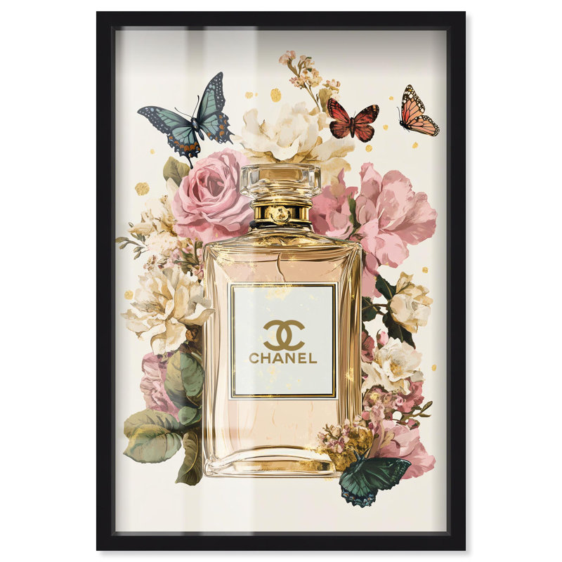 «Glam Bloom Butterfly Perfume Shadowbox Print» par Art Remedy, H 16 po x l 11 po, Noir