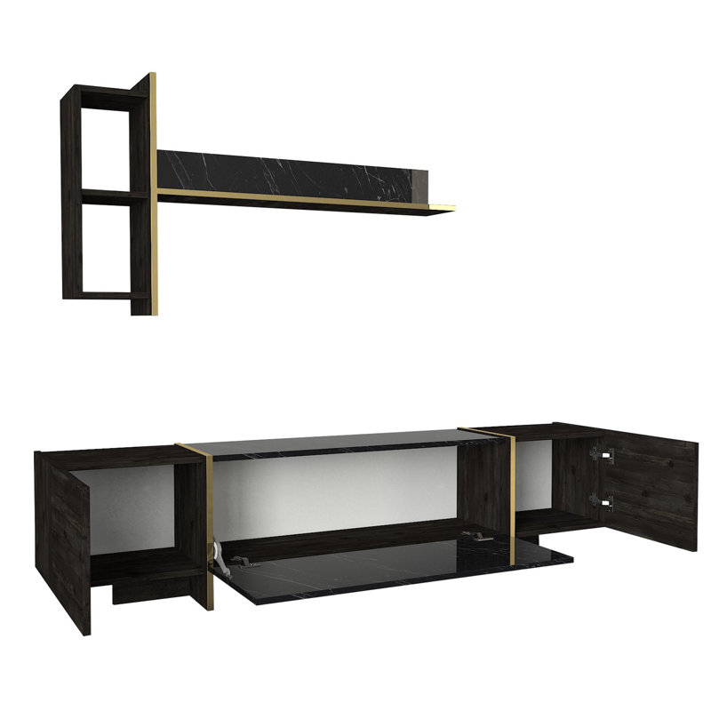 Meuble télé moderne avec capacité de fixation murale, noir et or, 70,5 po x 17,5 po x 12,7 po | 100% panneau de particules enduit de mélamine, épaisseur de 0,71 pouce | Nombreuses tablettes pour un rangement supplémentaire, conception élégante en marbre