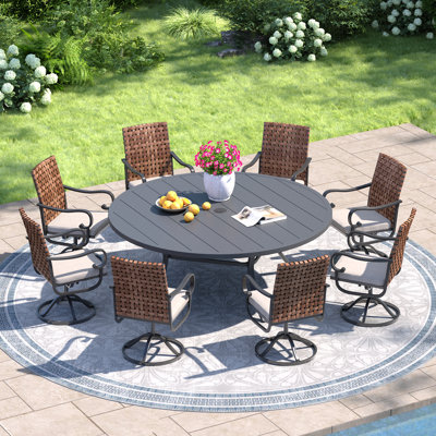 8-person Patio Dining Set with 60" Round Dining Table and 8 Cushioned Swivel PE Rattan Chairs