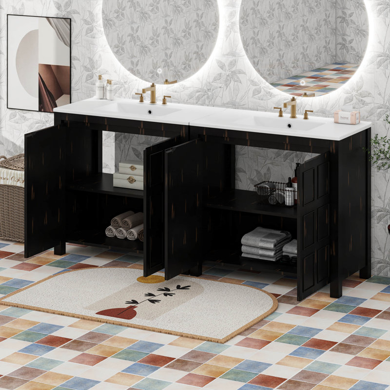 Ensemble de meuble-lavabo 72 po avec deux meubles-lavabos, deux lavabos en céramique et une tablette réglable - Armoire de rangement rétro