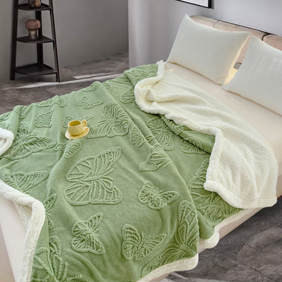 Jacquard Leaf Fleece Plush Sherpa Reversible Blanket