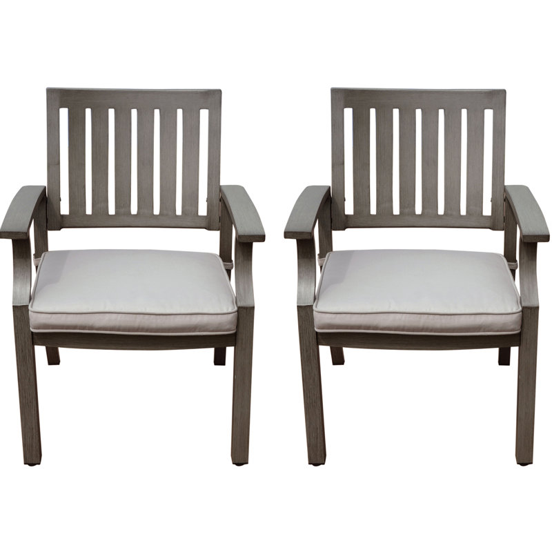 Chaises de salle à manger d'extérieur modernes en aluminium avec coussins gris foncé et argentés, conception à lattes ouvertes, 25,48 de large, structure stable, assemblage requis, rouille légère, incluse, structure