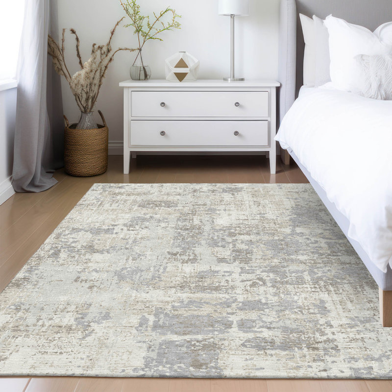 Ivory and Gray Abstract Washable Synthetic Rug